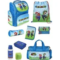 Familando Schulranzen Clou Super Mario Schultasche, blau, ab 1. Klasse (Erweitertes Set, 9-tlg., mit Lunch-Set und Sporttasche), kompakt, leicht, robust