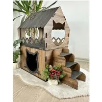 Jungengel Katzenliege XL Katzenhaus Katzenhäuschen Katzenhütte Katzenhöhle Katzenbett Holz, 2-Stöckig, Einfache Montage (mit Video), 68x42x35 cm, Stecksystem