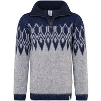 KIDKA Norwegerpullover - Troyer mit kurzem Reißverschluss - Farbe Grau / Dunkelblau - aus rauer isländischer Wolle