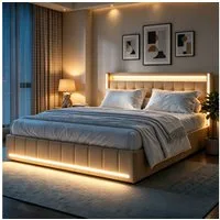Simurq Polsterbett 180 x 200 cm Doppelbett mit LED Beleuchtung und Ladefunktion (Mit Komforthöhe Lattenrost, Leises Design Bett), Jugendbett 4 Schubladen Stauraumbett, in 2 Größen verfügbar