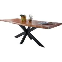 Massivart® Baumkantentisch TIM / Massivholz Akazienholz / 55 mm Tischplatte, Baumkante / X-Gestell schwarz / Industrial Look