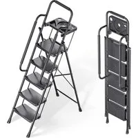 KINGRACK Trittleiter klappbare Stahl-Trittleiter mit Safe-Lock & rutschfesten Pedalen (1-St), 5-stufige Trittleiter mit praktischem Handlauf, stabil & belastbar