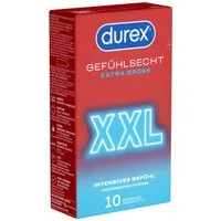durex XXL-Kondome Gefühlsecht XXL Packung mit, 10 St., extra große und hauchzarte Markenkondome mit Easy-On™-Passform