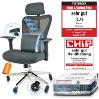 CLOUVOU Bürostuhl Ergonomisch, Schreibtischstuhl bis 150 kg - Testsieger (CleverSeat - Chefsessel für Arbeitszimmer, 4D Chrom-Metallarmlehne), Blade Wheels, Homeoffice, Gaming Stuhl, Drehstuhl