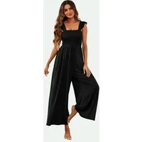 FS Collection Jumpsuit Damen Jumpsuit Stretch mit Smokdetails & weitem Bein - Trendy (Einheitsgröße: XS (EU:36 / UK:8) · S (EU:38 / UK:10) · M (EU:40 / UK:12) · L (EU:42 / UK:14) · XL (EU:44 / UK:16), 2 Farben: Olivgrün und Schwarz) 95% Polyester, 5%