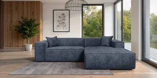 Ecksofa Designersofa CARLOTA in Stoff Perfect Harmony Dunkelblau Ottomane Rechts