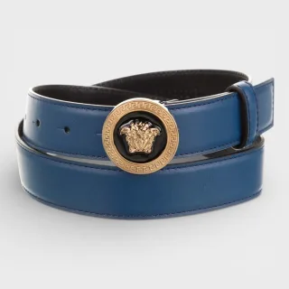 Versace Medusa Leder-Gürtel, Marineblau und Schwarz