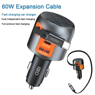IBD IBD358 1U2C 60W PD30w QC30W 3-in-1 USB Car Charger Retractable Cable Multi-PortFast Charging USB Type C Charger fo