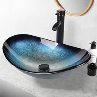 Puluomis Aufsatzwaschbecken Waschbecken Set mit Wasserhahn und Ablaufgarnitur Oval, Handgezeichnet Waschschale, Waschplätze für Badezimmer Küche WC
