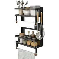 JEOBEST Küchenregal Gewürzregal Magnetisch Kühlschrank (Ohne Bohrung), 2 Etagen, mit Küchenrollenhalter und 4 Haken