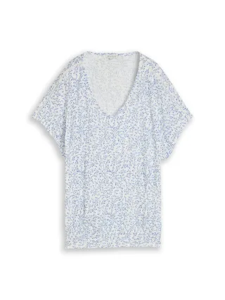 Tom Tailor - Crinkle T-Shirt mit Muster white small leaves design - Gr. - S