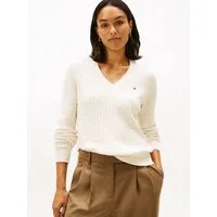 Tommy Hilfiger V-Ausschnitt-Pullover CO CABLE V-NK LS SWT mit Zopfmuster, Logostickerei