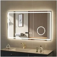 oyajia Badspiegel Bad Spiegel mit Beleuchtung LED Wandspiegel 3-fach Vergrößerung Touch, Antibeschlag Kosmetikspiegel Beschlagfrei, Uhr, 3 Lichtfarben Dimmbare