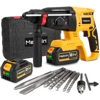 MELLWIN Akku-Bohrhammer SDS-Plus Bohrhammer mit 2x Akkus, 4 Funktionen, max. 1250 U/min, Bürstenloser Bohrhammer, für Bohren, Hammerbohren & Meißeln