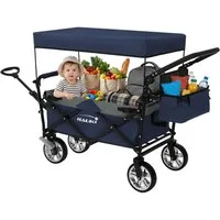 Hauki Bollerwagen Handwagen Transportwagen XXL faltbar klappbar mit Bremse Dach & Tasche, Gerätewagen Blau/Grau für Kinder Strand Picknick Camping bis 120 kg