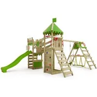 FATMOOSE Spielturm RiverRun mit SurfSwing – Ritterburg mit Wellenrutsche, Hängebrücke, & Sandkasten - extrem witterungsbeständig mit 10 Jahren Garantie*
