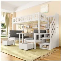 Merax Hochbett (Etagenbett Stockbett Jugendbett, 1-St., Kinderbett) Hochbett 90x200cm mit 2-in-1-Bett & Klapptisch Stauraumtreppe Geländer