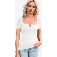 Imily Bela T-Shirt Damen Geripptes mit Puffärmeln Quadratischer Kragen und V-Notch (Packung, 1-tlg., 1per-Pack) in Unifarbe