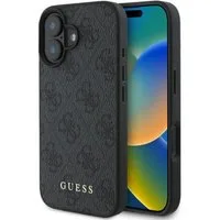 Guess Handyhülle iPhone 16 Kunstleder grau Muster Logo goldfarbig 6,1 Zoll, Kantenschutz