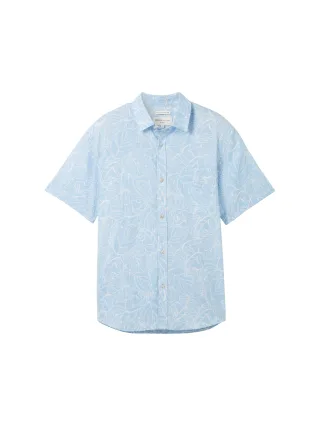 Denim Tom Tailor - Relaxed Kurzarmhemd mit Leinen blue white outline leaves - Gr. - L