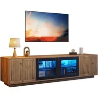 Merax Lowboard mit LED-Beleuchtung, Fernsehschrank in Naturholzfarbe (1 St), TV-Schrank mit Glastüren & 2 Seitenschränken, 180x40x45cm