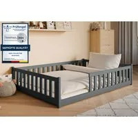 Kids Collective Kinderbett Bodenbett Bett mit Rausfallschutz & Lattenrost Montessori Bett Kinder (weitere Größen 80x160, 80x180, 90x190, 90x200, 120x200 cm), Jugendbett Einzelbett Graphit Kiefer 140x200 cm