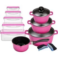 KING Topf-Set ALUGUSS, Aluminiumguss (Set, 19-tlg., je 1 Kochtopf 16/20/24 cm, 1 Stieltopf 16 cm, Vorratsdosen-Set, Grips), Glasdeckel, Keramikantihaftbeschichtung, Induktion