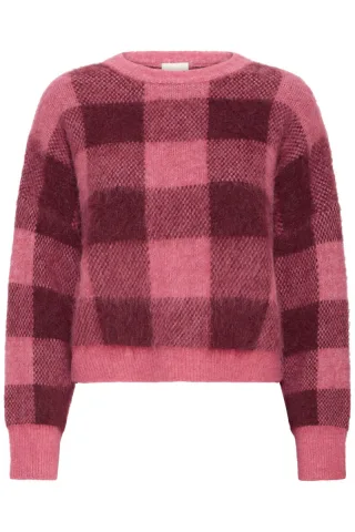 ICHI - Pullover mit Karomuster pink/rot - Gr. - S