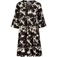 SUBLEVEL Shirtkleid Tropisches Muster, V-Ausschnitt, Rüschenärmel für Damen (knielang) LENZING™ ECOVERO™ nachhaltig Regulär geschnitten Fit gemustert