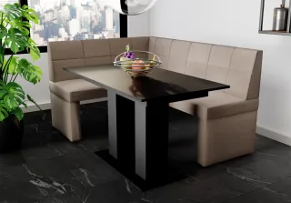 Eckbankgruppe 196x142 cm BLAKE XL R Stoff Soro Taupe / Esstisch DANTE Schwarz