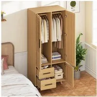 BELUPAI Kleiderschrank Landhausstil Rattan Garderobenschrank (Set, 1-St., Kleiderschrank mit 2 Schubladen und Kleiderstange) für Schlafzimmer Ankleidezimmer, Holzfarbe, 80 x 52 x 176 cm