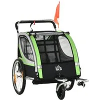 HOMCOM Fahrradkinderanhänger 2 in 1 Kinderanhänger, Fahrradanhänger Kinderfahrradanhänger, für Garten, Balkon, Grün+Schwarz
