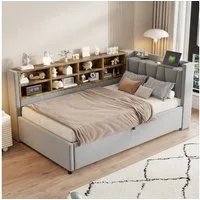 Celya Polsterbett Schlafsofa 90*200 cm, Mit Hydraulischem Stauraum (Multifunktionsbett, Samtstoff, Ohne Matratze, Mit Nachtlicht, USB- und Typ-C-Ladeanschluss), Mit Ablagen und Staufächern, Gepolstertes Kopfteil
