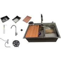 Faizee Möbel Edelstahlspüle Edelstahlspüle Quantum 75x45 cm – Küchenspüle mit Zubehör