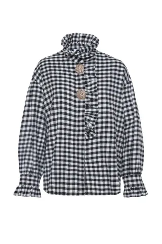 bsb - Karierte Bluse mit Rüschen schwarz/weiß - Gr. - S