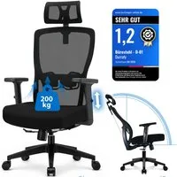 Durrafy Bürostuhl Ergonomischer Bürostuhl 200 kg mit Kopfstütze & Lordosenstütze (Schreibtischstuhl), atmungsaktiver Netzrücken, 130° Wippfunktion, verstellbare Armlehnen