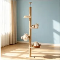 Hausright Kratzbaum Kratzbaum höhenverstellbar 255-270 cm mit 5 Sisalsäulen, 5-Stöckig, 255–270 cm, Ohne Bohren, Sisalstämme