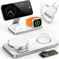 GreenHec Ladestation Apple Watch iPhone 3in1 MagSafe Ladegerät Wireless Charger Wireless Charger (3000 mA, Spar-Set, 3in1 PowerBase + USB-C Kabel + 20w Dual Charger, 17 16 15 14 13 12 Pro Max Air Charging Station Induktionsladegerät)