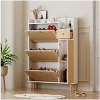 Flieks Schuhschrank (1-St., 90cm breit) Schuhregal mit 3 Klappen Schuhkommode Rattan Massivholzbeine