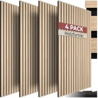 tectake Wandpaneel Akustikpaneele aus MDF und Echtholzfurnier - Eiche hell, BxL: 50x110 cm, 0,55 qm, (Holzpaneele Sonic Wall II, 4-tlg., Größe flexibel anpassbar) schallabsorbierender Filz, einfache Montage mit Kleber oder Schrauben