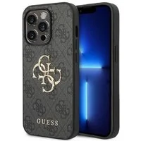 Guess Handyhülle Case iPhone 15 Pro Kunstleder grau mit goldfarbenem Muster 6,1 Zoll, Kantenschutz