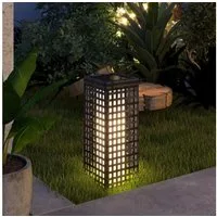 Outsunny LED Solarleuchte Rattan Solarlampe, Wasserdichte Wegleuchte mit Lichtsensor, Solarbetrieben, Lichtsensor, Wasserdicht, LED, Weiß, Stahl, Grau, 15,5 x 15,5 x 46 cm