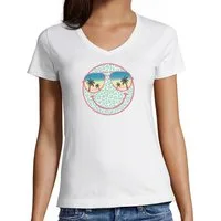 MyDesign24 T-Shirt Damen Print Shirt - Lächelndes Sommer Gesicht V-Ausschnitt Baumwollshirt mit Aufdruck Slim Fit i296