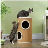 PawHut Kratztonne 60 cm, mit 2 Höhle, Katzenturm aus Sisal, (Katzenmöbel, 1-tlg., Kratzturm), für Katze bis 5 kg, Braun
