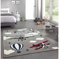 Carpetia Kinderteppich Teppich Kinderzimmer Flugzeuge Doppeldecker grau blau creme, rund, Höhe: 13 mm