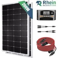 Rhein Beleuchtung Solarmodul 200W Solarpanel Set 12V Monokristallin für Wohnmobil & Camping, 200 W, Monokristallin, (Set, 1-St., Inkl. 40A MPPT-Regler, Y-Kabel, 2×100W Module, Plug & Play), Mit Halbzellen-Technologie, IP65 wasserdicht, hohe Effizienz