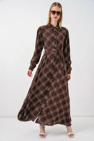 Kariertes Midi-Shirtkleid mit Knopfverschluss