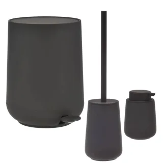 Bad-Accessoires Nova One Set 3tlg schwarz | Zone Denmark Monochrome Design-Kombi aus Soft-Touch Kosmetikeimer, Toilettenbürste & Seifenspender fürs Ba