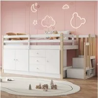 Merax Hochbett Kinderbett 90x200cm mit Stauschränken Schubladen Wäschestange & Treppe