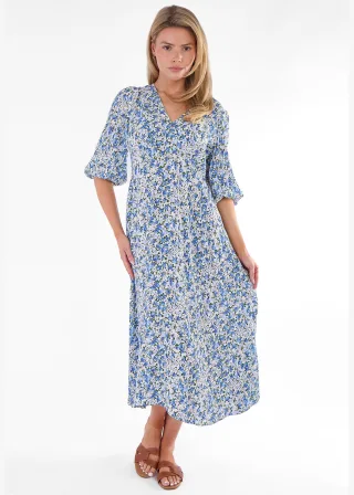 Blaues Midikleid mit Blumenmuster aus Viskose